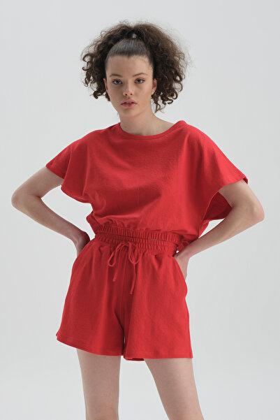 Dagi Red Crew Neck Cotton Crop T-Shirt