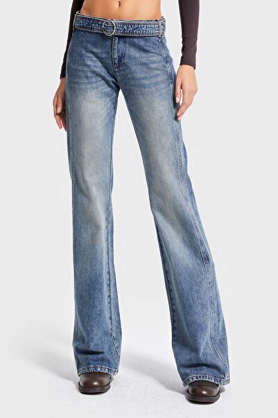 its basic Women's T.Jeans Color 4W5-32 Flare Fit Midrise Mid Waist Viscose Fabric Belt Detailed Special Design Denim Jeans
