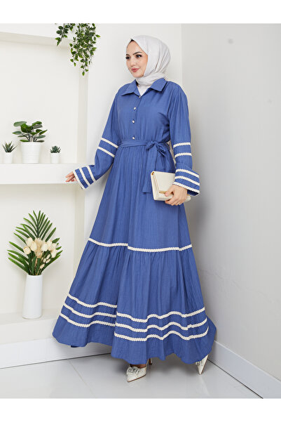 HARMAN BUTİK Women's Strawberry Fabric Stripe Detailed Belted Blue Dress