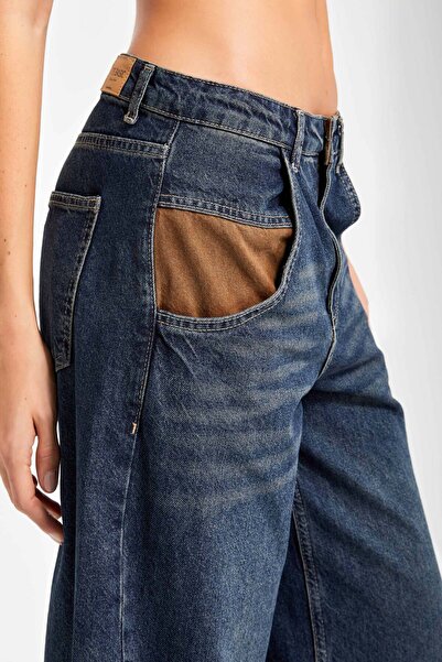 its basic Women's Denim Color 2W5-8 Palazzo Fit Pocket Detailed Super Loose Cut 100% Cotton Inner Length 83cm Denim Jean