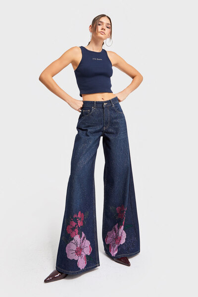 its basic Kadın Koyu Mavi Renk T-2w5-128 Parlak Taş Gül Detaylı Özel Tasarım İç Boy 80cm Denim Jean