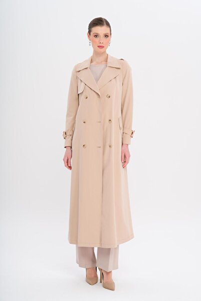 Olcay Zweireihiger, mit Leopardenmuster gefütterter, wasserabweisender langer Trenchcoat BEIGE 6747