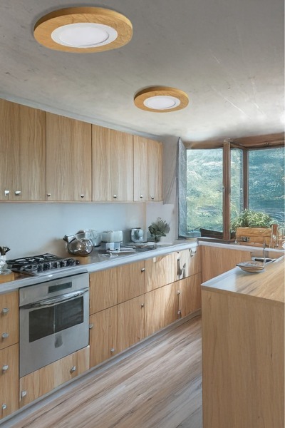 GLOWELL 20 Cm Çap, Günışığı Ahşap Mdf Meşe Kaplama Sıva Üstü Led Armatür, Lambader, Tavan Aydınlatma, 20cm