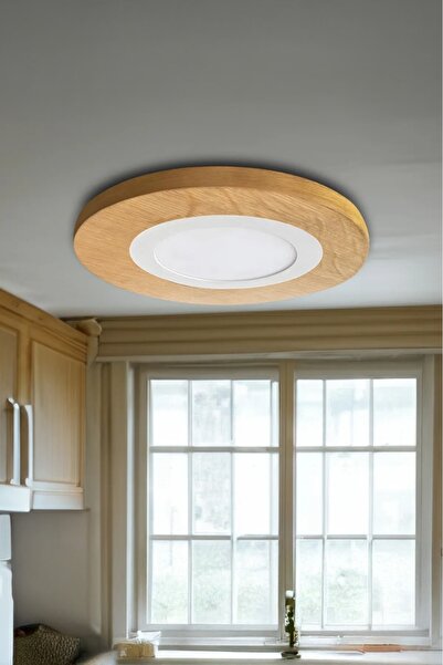 GLOWELL 20 Cm Çap, Günışığı Ahşap Mdf Meşe Kaplama Sıva Üstü Led Armatür, Lambader, Tavan Aydınlatma, 20cm