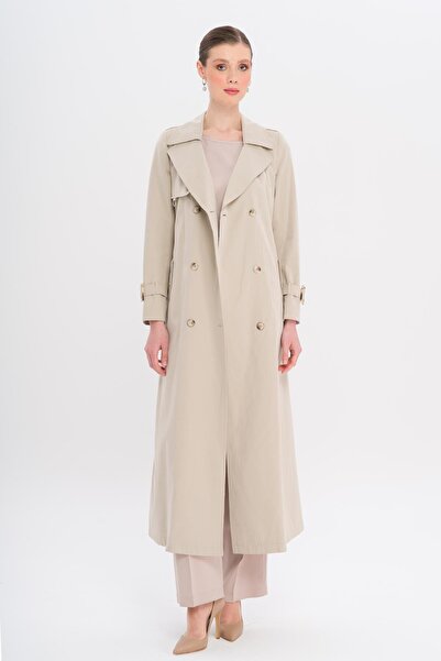 Olcay Kruvaze Leopar Desen Astarlı Su İtici Özellikli Uzun Trençkot TAŞ 6747