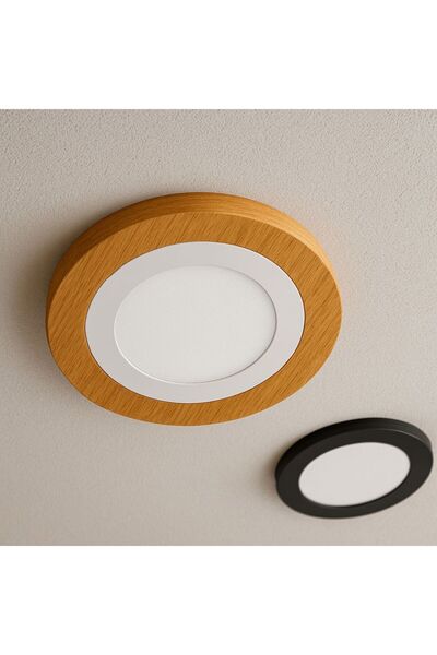 GLOWELL 20 Cm Çap, Beyaz Ahşap Mdf Meşe Kaplama Tavan Aydınlatma Sıva Üstü Le...
