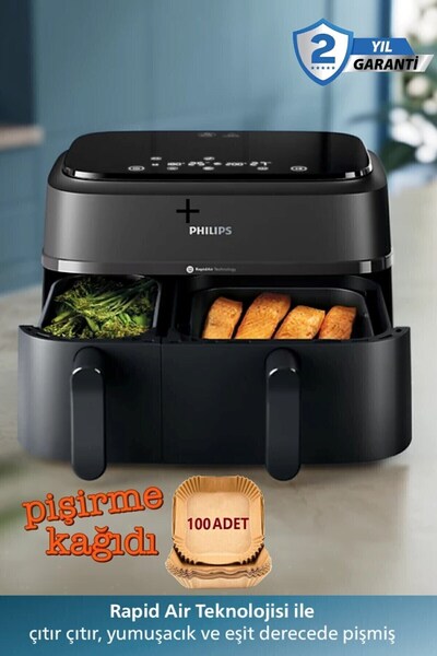 Philips NA350 Versuni Çift Hazneli 3000 Serisi Çift Hazneli Airfryer, 3L + 6Litre LED EKRAN+ PişirmeKağıdı