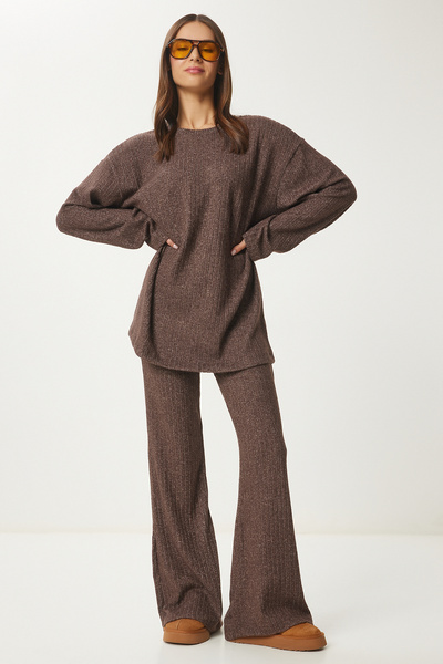 Lovelyİstanbul Brown Ribbed Knitted Blouse and Pants Set - Comfortable Lrg0014