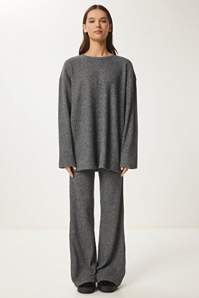 Lovelyİstanbul Rahat Fitilli Örme Bluz Pantolon Takım ANTRASİT LRG0014