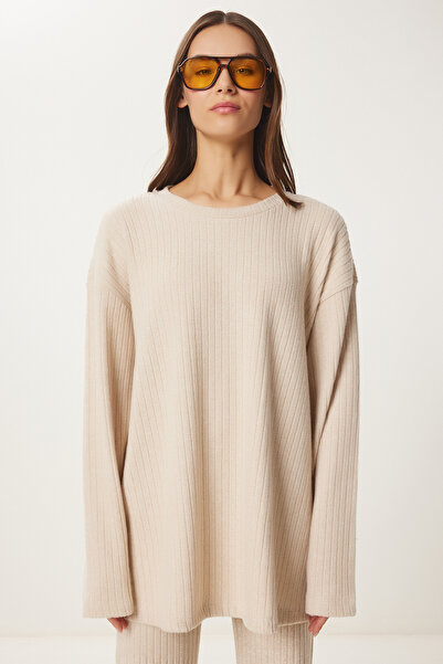 Lovelyİstanbul Ribbed Knitted Blouse and Pants Set - Cream Lrg0014