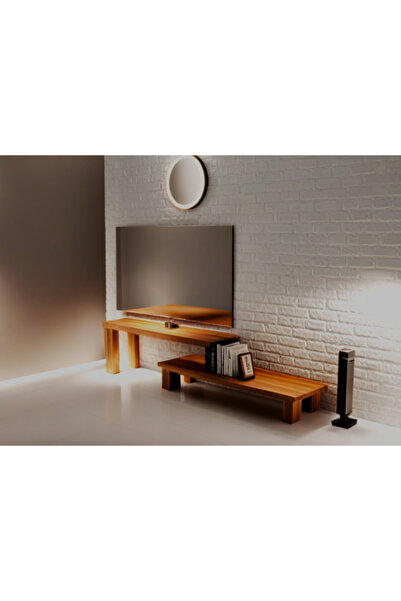 pinoxi Masif Ahşap Tv Sehpası 2 Katlı 120 Cm Doğal Ahşap Eskitme Ceviz Renk