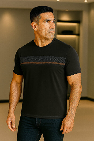 Maccali Men's Patterned Short Sleeve Large Size Loose Black T-Shirt