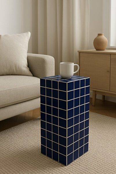 stork woods Yan Sehpa | El Yapımı Cam Mozaik Kaplı Yan Sehpa | Modern Minimal Tasarım | Lacivert Pinterest Model