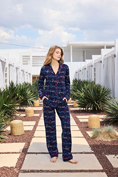 Aydoğan Lodos Store Women's V-Neck Long Sleeve Front Buttoned Cotton Pajama Set Love Patterned