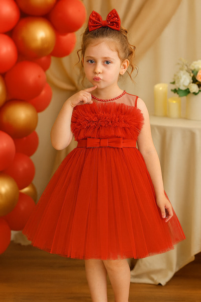 TREEMASS Abiye Kız çocuk Elbisesi Tüllü Saten İncili Düğün ve Doğum Günü