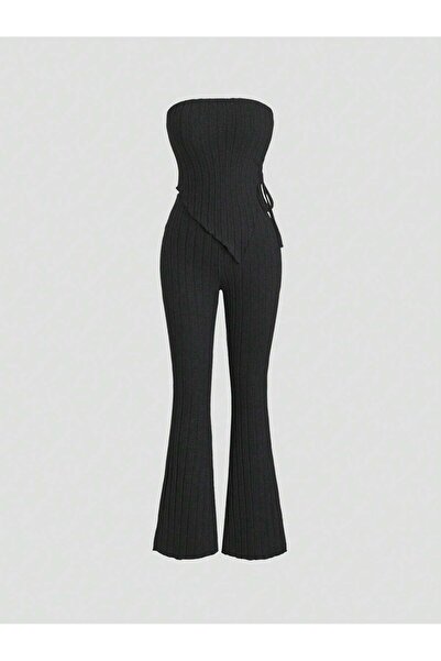 Marin Star Fekete rugalmas Lycra aszimmetrikus pánt nélküli öltöny - oldalsó összegyűjtött