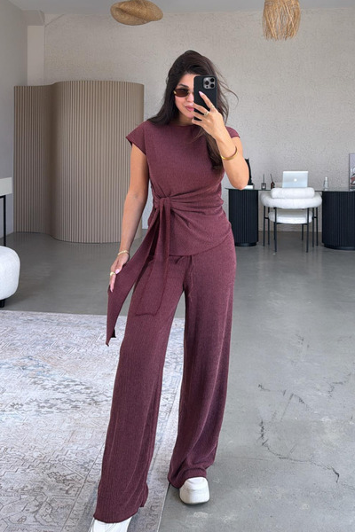 Paw Garage Women's Sienna 4 Seasons Burgundy Lace-Up Detailed Crinkle Fabric Blouse and Pants Set