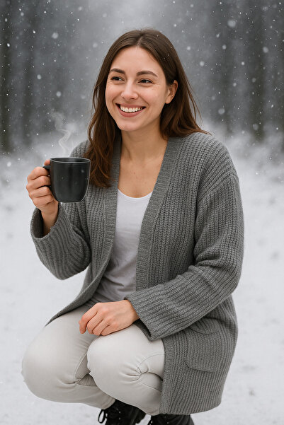 K-ODEA BUTİK Oversize Γκρι πλεκτό γυναικείο μπουφάν