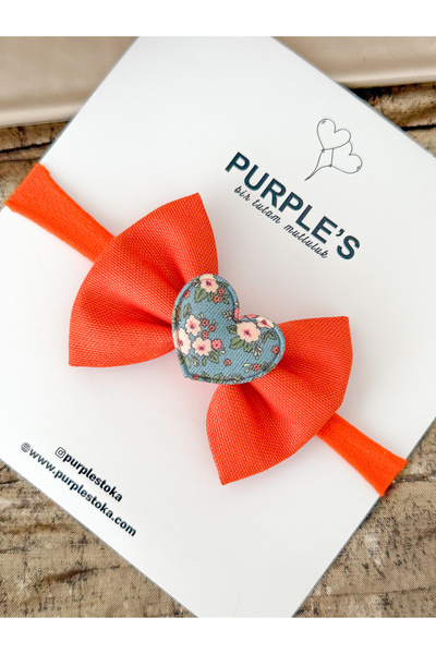 PURPLE'S BİR TUTAM MUTLULUK Handcrafted Floral Heart Detailed Orange Linen Bow Newborn Compatible Ultra Stretchy Baby Hair Band