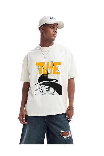 ELNOYA Unisex White Cotton Oversize "Time" Printed Crew Neck Comfortable T-Shirt
