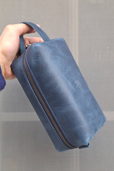 MAT Deri Blue Men's Portfolio Handbag Genuine Leather Daily Travel Shaving Bag