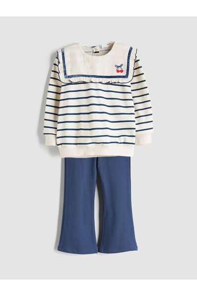 LC Waikiki Hanorac și jambiere pentru fetiță, cu imprimeu cu guler pentru bebeluși, albastru bleumarin, 2 piese