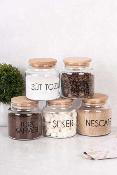 DNS HOME 5 Piece Glass Jar Set Vacuum Lid Storage Container Transparent Label Gift Coffee Corner Set 500 ml