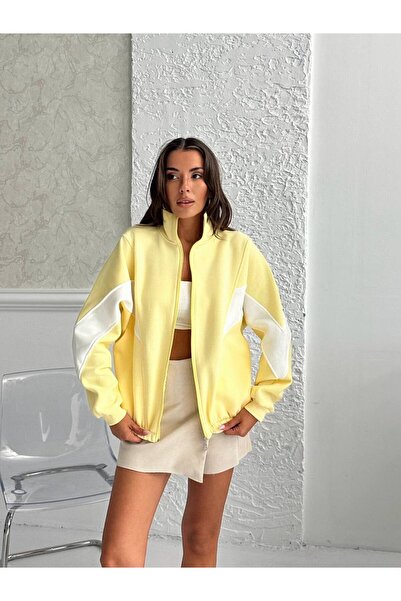 Zeynep Öykü Style Kadın 3 iplik Penye Kumaş Şardonlu Garnili Renk Bloklu Oversize Hırka Eşofman Üstü Sweatshirt