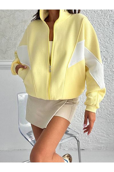 Zeynep Öykü Style Women's 3 Thread Combed Cotton Fabric Raised Garnished Color Block Oversized Cardigan Tracksuit Top Sweatshirt