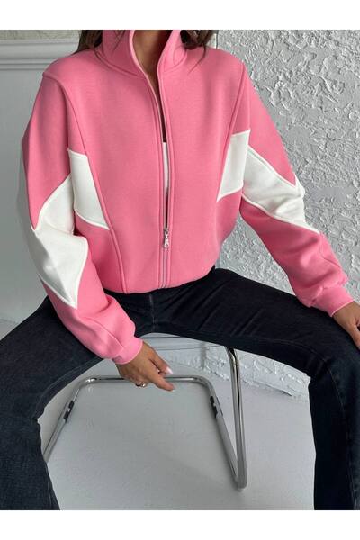 Zeynep Öykü Style Women's 3 Thread Combed Cotton Fabric Raised Garnished Color Block Oversized Cardigan Tracksuit Top Sweatshirt