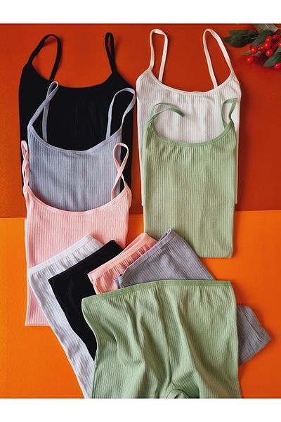 Demirsa Boutique Ribbed Cotton Ribbed Thread Strap 5-Piece Women's Tank Top and Panties-Shorts Set (Pink Blue Green Black White)