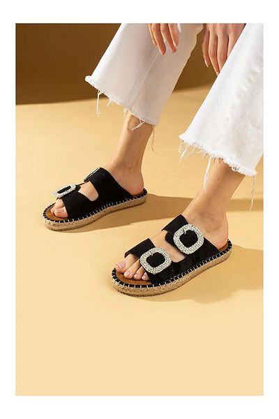 Zerenyus Hertas Premium Women's Black Suede Crystal Double Buckle Poly Comfortable Straw Sole Slippers