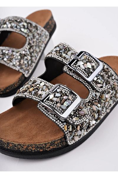 KOCAMANLAR Feles Double Buckle Cork Sole Stone Detailed Women's Slippers Gray