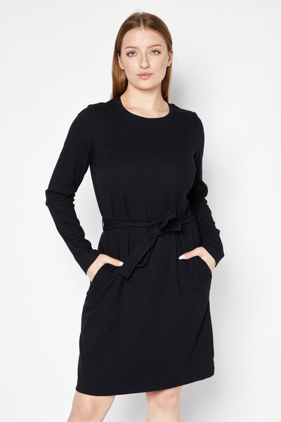 Modern Ambition Women Tie Waist Ribbed Mini Dress, Black