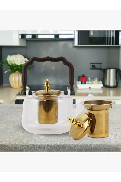 rexa إبريق شاي زجاجي مع مصفاة ذهبية سعة 1.1 لتر.
