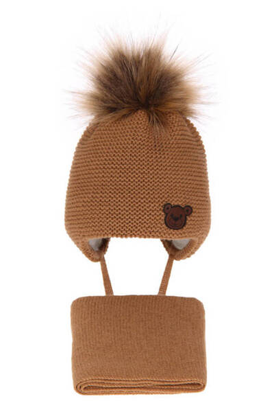 fantasialand Winter Set for Boys, Brown Hat and Scarf with Pompon Banksi