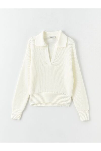 LC Waikiki Ekru Polo Yaka Kendinden Desenli Uzun Kollu Kadın Triko Kazak