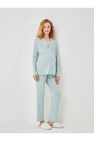 LC Waikiki Mavi Gömlek Yaka Düz Uzun Kollu Hamile Pijama Takımı