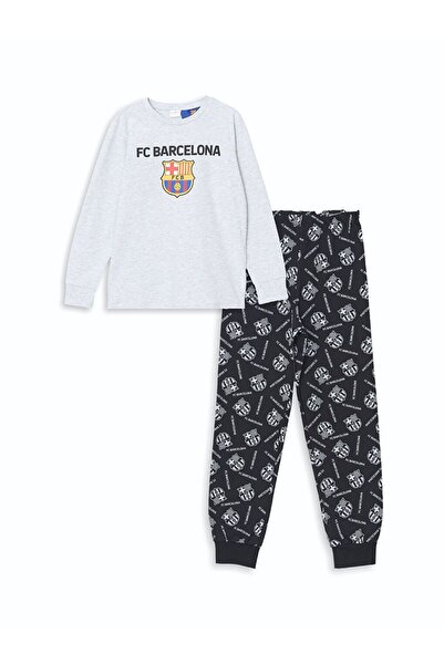 LC Waikiki Gri Bisiklet Yaka Barcelona Baskılı Erkek Çocuk Pijama Takımı