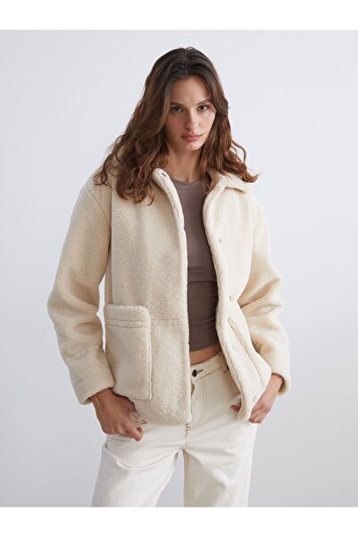 LC Waikiki Ecru Shirt Collar Women's Plush Coat