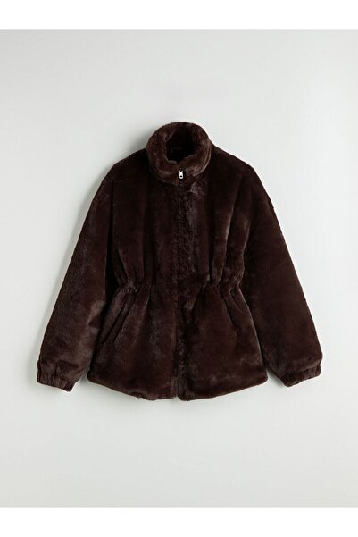 LC Waikiki Brown Stand Collar Women's Plush Coat