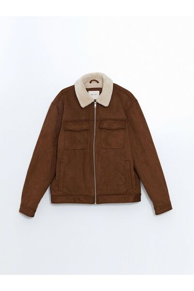 LC Waikiki Καφέ Slim Fit Ανδρικό Παλτό με Γιακά από Σουέντ