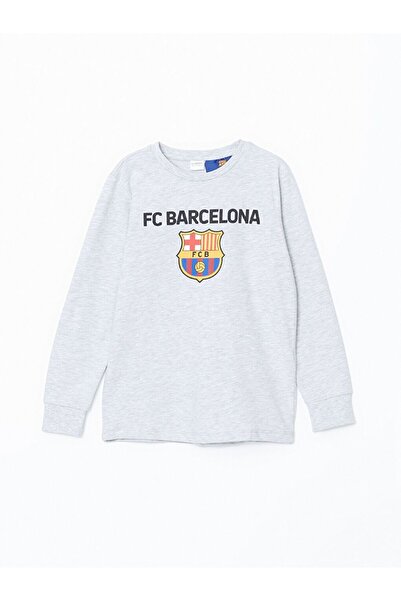 LC Waikiki Gri Bisiklet Yaka Barcelona Baskılı Erkek Çocuk Pijama Takımı