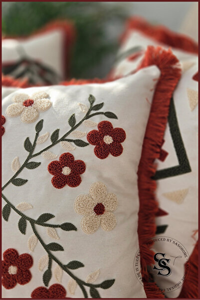 SasoHome Beauty Flowers Punch Embroidery Patterned Linen Throw Pillow Cover