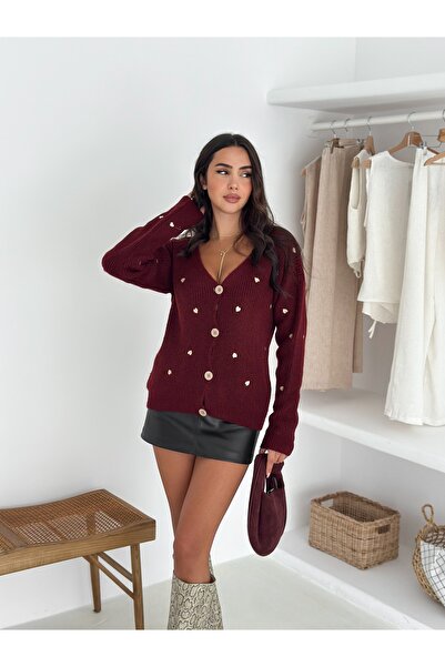 sportiness Soft Textured Heart Detailed Buttoned Cardigan