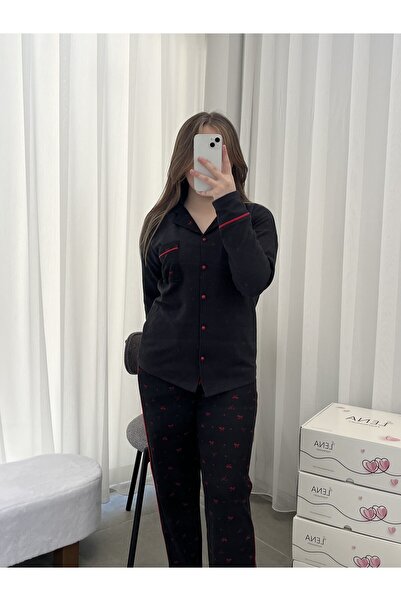 Lena Homewears Kırmızı Fiyonk Desenli Siyah Waffle Premium Pijama Takımı