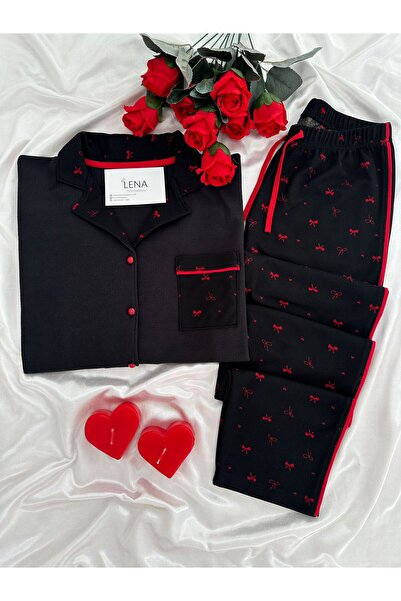 Lena Homewears Kırmızı Fiyonk Desenli Siyah Waffle Premium Pijama Takımı