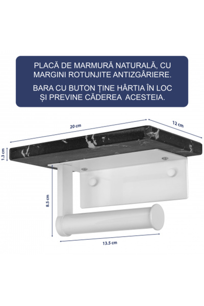 FizioTab FizioTab® Metal Toilet Paper Holder with Marble Shelf, Black/White