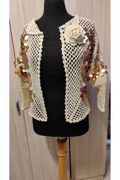 drt tasarım El Örgüsü Tığ Işi MevsimlikPullu Hırka Çiçek Süslemeli