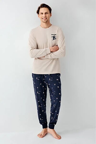 Arnetta 100% Cotton Long Sleeve Crew Neck Long Sleeve Men's Pajama Set